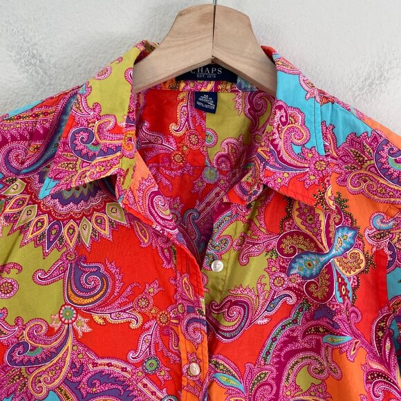 Chaps Womens Medium Paisley Button Up Shirt Vibrant Colorful Blouse 3/4 Sleeve - Picture 7 of 8